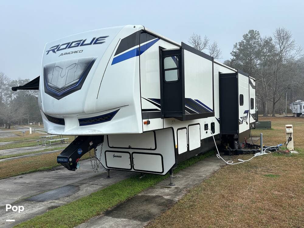 2024 Forest River Vengeance Rogue 351G2 - Used Toy Hauler For Sale by Pop RVs in Goose Creek, South Carolina features Leveling Jacks, Air Conditioning, Generator, Awning, Slideout
