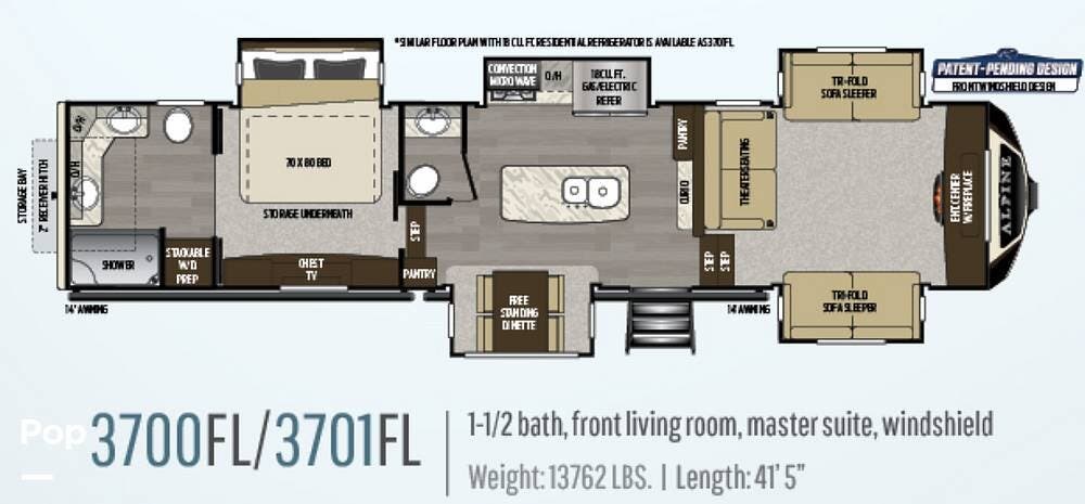 2019 Keystone Alpine 3701FL - Used Fifth Wheel For Sale by Pop RVs in Eugene, Missouri features Air Conditioning, Slideout, Awning, Leveling Jacks