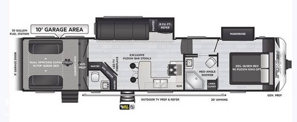 2022 Keystone Fuzion 379 - Used Toy Hauler For Sale by Pop RVs in New Port Richey, Florida features Air Conditioning, Slideout, Awning, Generator, Leveling Jacks