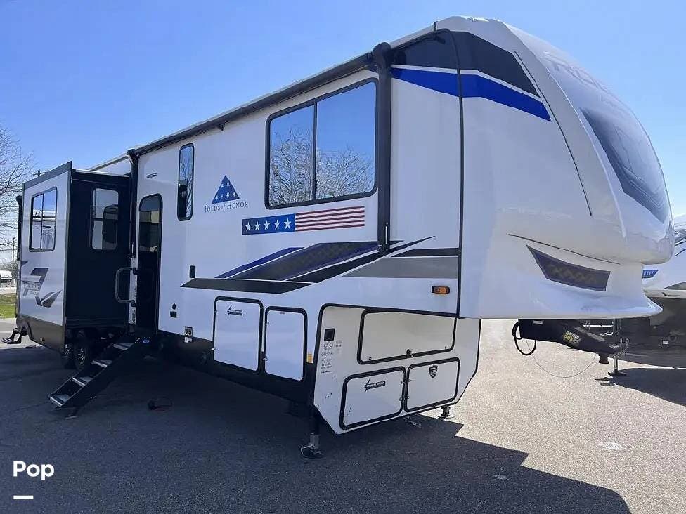 2024 Forest River Vengeance Rogue Armored 351G2 - Used Toy Hauler For Sale by Pop RVs in Lumberton Township, New Jersey features Awning, Leveling Jacks, Air Conditioning, Slideout, Generator