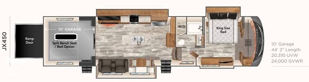 2023 DRV Full House JX450 - Used Toy Hauler For Sale by Pop RVs in Bradenton, Florida features Leveling Jacks, Awning, Air Conditioning, Slideout, Generator