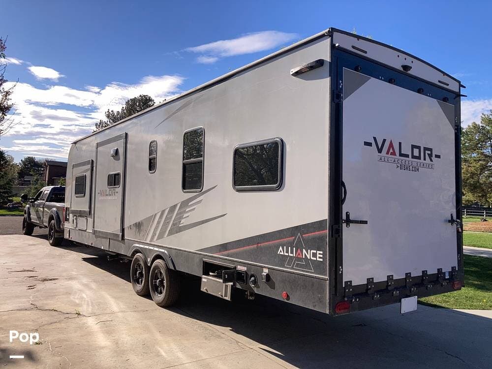 2023 Alliance RV Valor 31T13 - Used Toy Hauler For Sale by Pop RVs in Boise, Idaho features Awning, Leveling Jacks, Generator, Air Conditioning, Slideout