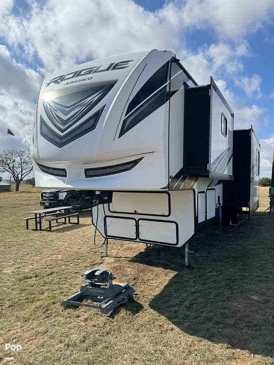 2022 Forest River Rogue Armored 4007g2 - Used Toy Hauler For Sale by Pop RVs in Rising Star, Texas features Slideout