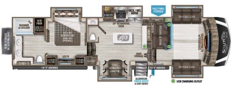 2021 Grand Design Solitude 380FL-R - Used Fifth Wheel For Sale by Pop RVs in Pickens, South Carolina features Awning, Leveling Jacks, Air Conditioning, Slideout