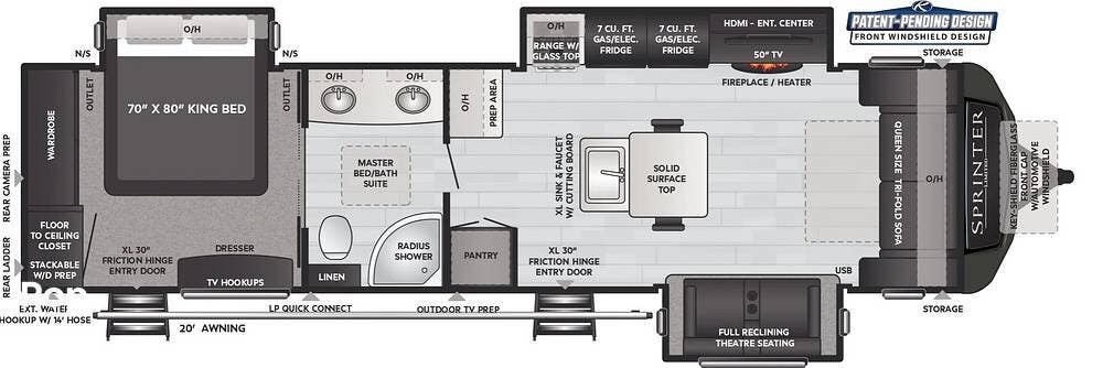 2020 Keystone Sprinter 330KBS - Used Travel Trailer For Sale by Pop RVs in Long Key, Florida features Air Conditioning, Slideout, Leveling Jacks, Awning