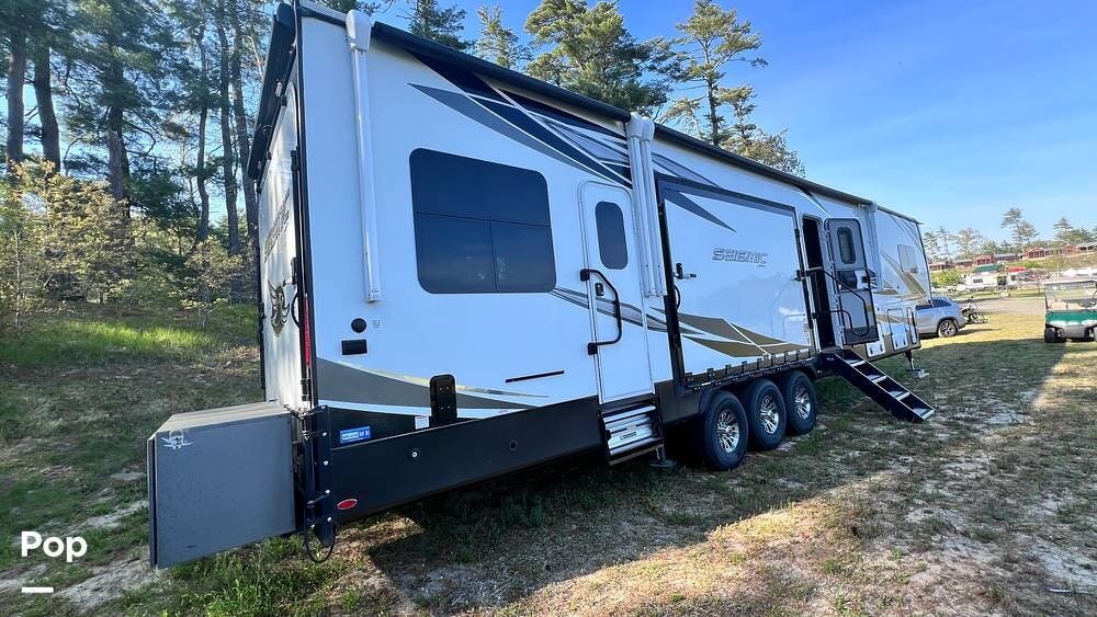 2021 Jayco Seismic 4113 - Used Toy Hauler For Sale by Pop RVs in Carver, Massachusetts features Leveling Jacks, Awning, Air Conditioning, Generator, Slideout