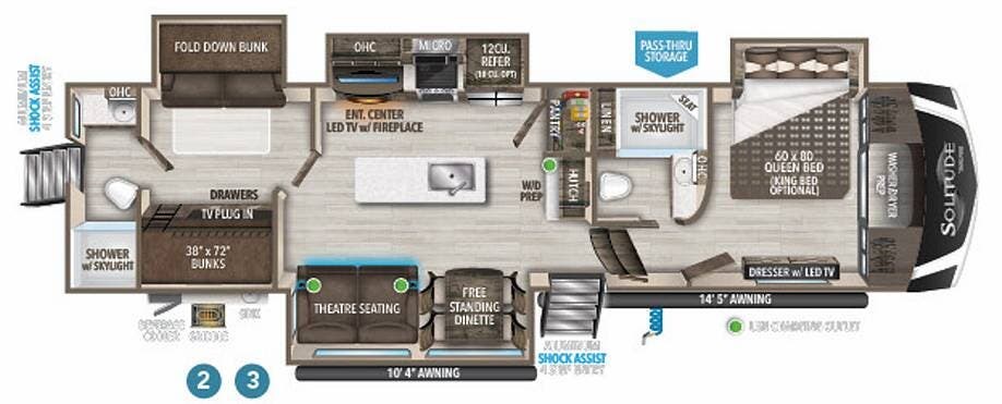 2022 Grand Design Solitude 3950BH S-Class - Used Fifth Wheel For Sale by Pop RVs in Saint Augustine, Florida features Leveling Jacks, Slideout, Air Conditioning, Awning