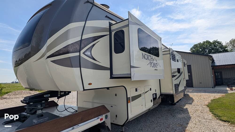 2019 Jayco North Point 385THWS - Used Toy Hauler For Sale by Pop RVs in Cutler, Indiana features Slideout, Leveling Jacks, Awning, Air Conditioning