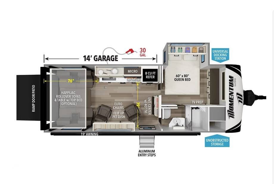 2019 Grand Design Momentum 21G - Used Toy Hauler For Sale by Pop RVs in Amana, Iowa features Leveling Jacks, Air Conditioning, Generator, Slideout, Awning