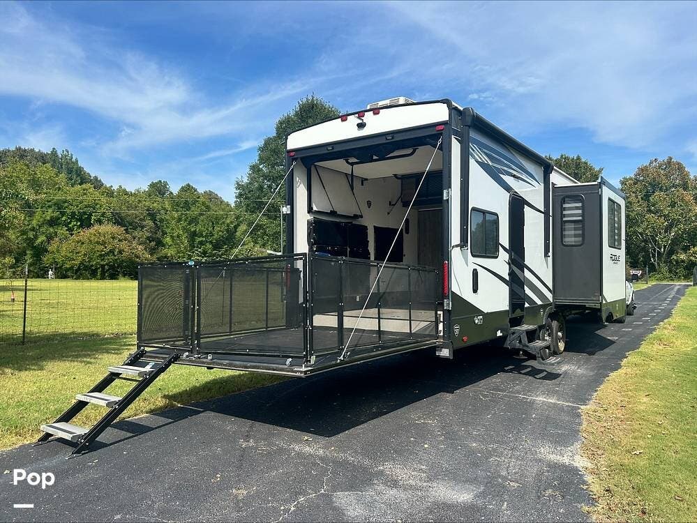 2022 Forest River Rogue 351G2 - Used Toy Hauler For Sale by Pop RVs in Holly Springs, Mississippi features Awning, Slideout, Air Conditioning, Generator, Leveling Jacks