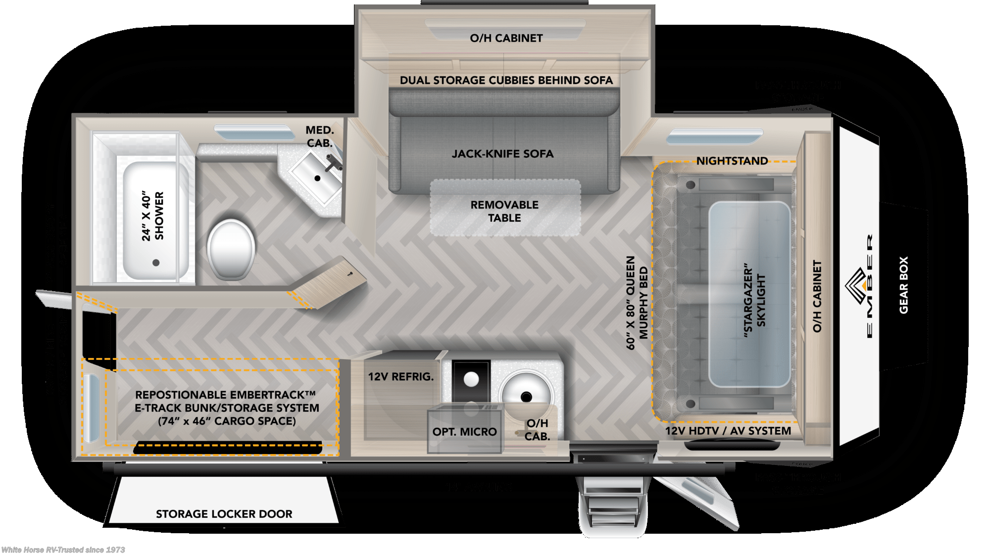 2022 Ember RV Overland 191MSL Front Murphy Bed, Corner Bunk/Utility Area - New Travel Trailer For Sale by White Horse RV Center in Williamstown, New Jersey features Skylight, LED HDTV, Stabilizer Jacks, Refrigerator (12V), Power Hitch Jack