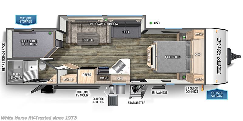 Floorplan of 2018 Forest River Cherokee Grey Wolf 26DBH 2-BdRM Slide, Queen & DBL Bed Bunks