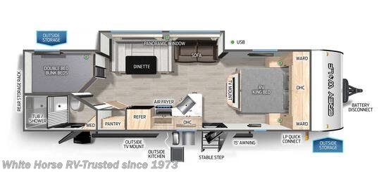 Floorplan of 2026 Forest River Cherokee Grey Wolf 26DBH 2-BdRM Slide, King & DBL Bed Bunks