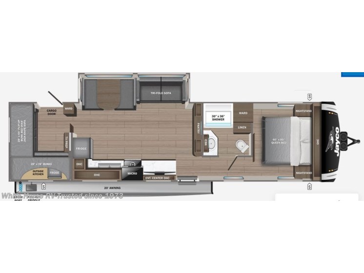 Floorplan of 2026 Jayco Jay Feather 29QBH 2-BdRM, 2 Queen Beds, U-Dinette & Sofa