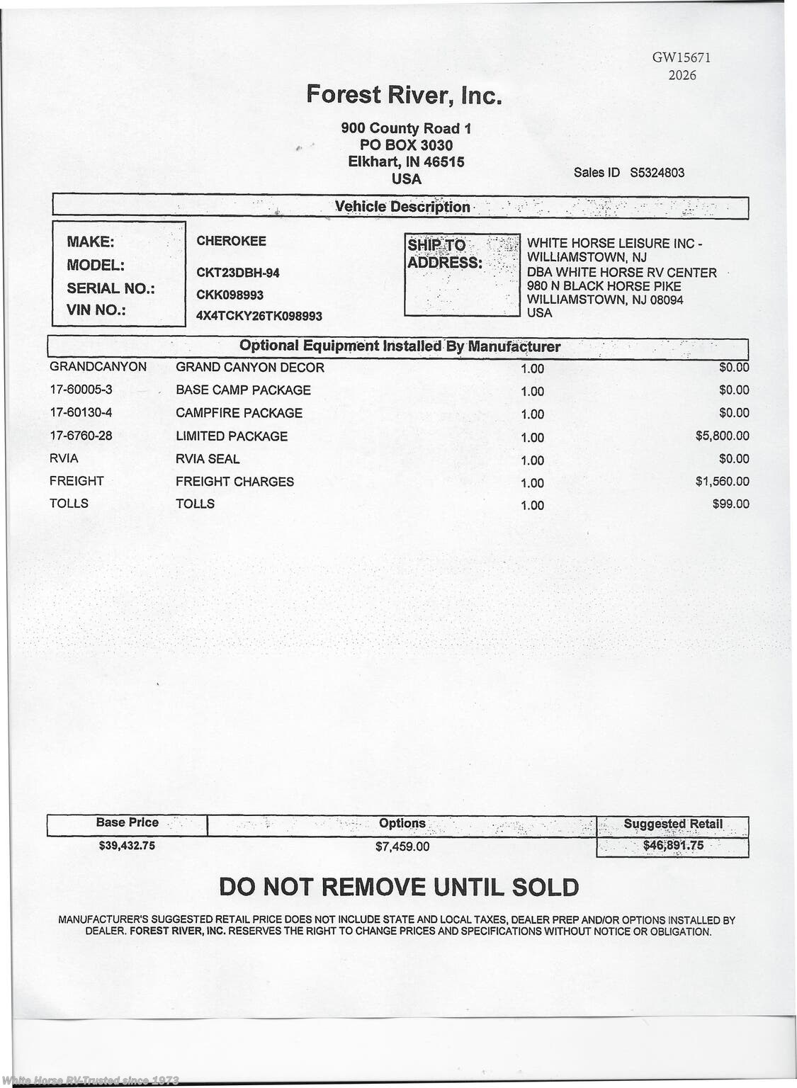 New 2026 Forest River Cherokee Grey Wolf 23DBH available in Williamstown, New Jersey