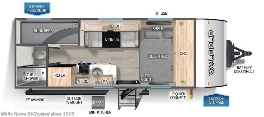 2023 Forest River Cherokee Wolf Pup - Used Travel Trailer For Sale by White Horse RV Center in Williamstown, New Jersey features Dinette Bed, Bunk Beds, Power Awning, Roof Vent, Bluetooth Stereo