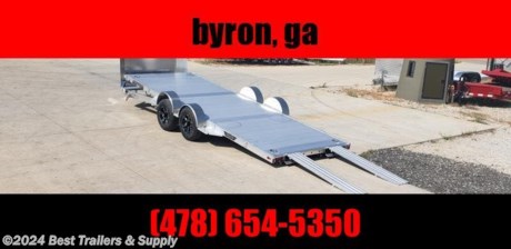 478-654-5350

only 1900# curb weight on this aluminum 82 x 20 tilt carhauler trailer

built in stab jacks and pull out ramps for low profile cars
aire dam standard
large tool box
power tilt
spread axle design with removable fenders
steps on side

Find the right lightweight aluminum, tandem axle utility trailer for you. These open flatbed car trailers are perfect car haulers for collector cars, antique vehicles, and off-roading 4x4 vehicles.

* Bed locks for travel and also wheel tilted back

2. 5200# Rubber torsion axles - Easy lube hubs

* Electric brakes, breakaway kit
* ST225/75R15 radial tires
* Phantom aluminum wheels, 5-4.5 BHP
* Removable aluminum fenders
* Extruded aluminum floor
* Front retaining rail headache bar
* A-Framed aluminum tongue, 48&quot; long with 2-5/16&quot; coupler
*

8. stake pockets on sides

*

4. swivel tie downs

* Drop leg tongue jack,
* DOT Lighting package, safety chains
* Overall width = 101-1/2&quot;
* Distance between fenders = 82&quot;