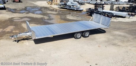 Aluma 1024 H bt deckover aluminum flatbed trailer ( 20+4 ) 866--553-9566

air dam included

1024----1650# curb weight

1. 5200# Rubber torsion axles - Easy lube hubs

Electric brakes &amp; breakaway kit

ST225/75R15 LRC radial tires (1760# cap/tire)

Aluminum wheels, 5-4.5 BHP

Extruded aluminum floor

A-framed aluminum tongue with 2-5/16&quot; coupler

Bi-fold tailgate (2 individual gates)

Trailers can be ordered with side rubrail - 96&quot; bed width

LED Lighting package, safety chains1. Fold-down rear stabilizer jacks
2. Recessed tie rings, SS #5000

Dove tail, 48&quot; long with 8&quot; drop

Swivel tongue jack, 1500# capacity

Overall width = 101.5&quot;

Overall length = 370&quot;