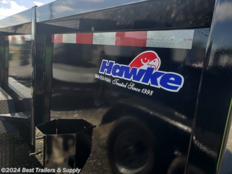 Mobile Space Sale and Rental

Byron GA

800-453-1810

7X16 36&quot; sides Hawke dump trailer with tarp&lt;strong&gt; 15k GVWR&lt;/strong&gt;

Our premium features Hawke Low Profile Dump Trailers are offered in 7,000, 10,000, 12,000, and 14,000 lb. GVWR&#39;s - as well as a heavy duty 15,000 GVWR version. Scissor lift is standard as are slide-in loading ramps. The sides are 24 tall with two-way tailgates that open for unobstructed dumping or can be set in spreader mode for spreading gravel. An adjustable coupler is included as standard. The 7,000 and 10,000 GVWR models have a 6 channel main frame. The 12,000 and 14,000 GVWR models are built with a rugged 8 channel main frame. Cylinder sizes are matched to the model capacity. The 7,000 through 14,000 GVWR models employ the standard duty scissor lift. The 15,000 GVWR heavy duty version adds a super duty scissor lift with 5 cylinder and G range radial tires. The tongue upgrades to 8 channel and floor crossmembers are 12 on center making this trailer suitable for heavy duty commercial applications. These changes are highlighted in bold type on the specs page. Dexter brand axles along with premium Westlake radial tires on all models provide a long life running gear.

GVWR: 15,000 lb.
.

Two 7,000 lb. Dexter Brand Braking Axles
Slipper Spring Suspension
235/80 R16 Load Range 14 Ply Rating Westlake Radial Tires
8 Channel Main Frame - 6 Channel Tongue
3--3 Tubing Dump Box Frame With 3 Channel Crossmembers
10 Gauge Floor
80 Inside Box With 24 Sides And No Stick Bottom Corners
US Made Pump With Deep Cycle Battery Inside Lockable Security Box With 20 Hand Remote
Scissor Lift
Two Way Tailgate Opens For Dumping Bulk Materials Or Can Be Set In Spreader Mode
80 4 Channel Slide-In Loading Ramps
2 5/16 Adjustable Coupler
12,000 lb. Drop Foot Jack
Safety Chains And Break-a-Way Switch
LED Lighting With Reflective Tape
Primed with epoxy primer and two coats of polyurethane paint

800-453-1810

Any questions, concerns, or Info on this trailer, please call our sales team

delv is $2 per loaded mile

Please call to check stock

800-453-1810