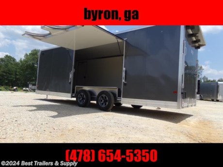 Best Trailers &amp; Supply

Byron GA

800-453-1810

FREE WHITE WHEEL SPARE TIRE WHEN YOU PAY CASH at pick up

NEW 8.5x24 Aluminum car hauler cargo enclosed trailer curb weight 2850#

Brand New 1st Place Cargo 8.5x24 BEST DEAL ON all Aluminum

Pewter

E-Z Haulers By Mission Trailers

Finished Interior

12 volt LED interior light

The E-Z Hauler Aluminum Trailers Standard Car Hauler Series offers 100% box tube aluminum construction and features 16&quot; o/c wall and ceiling studs throughout. With a hidden beaver-tail, this aluminum trailer is designed specifically for car hauling. These aluminum car haulers come standard with LED lights, radials, and screw-less exterior.

Elite escape door

Stab Jacks

Alum wheels

Spread torsion axles 5200 lbs

rear canopy with loading light

Coin Floor finished interior

Standard Features

All Aluminum Framework

6&#39;10&quot; Standard Interior Height

16&quot; O/C Cross members

48&quot; Beaver-tail Construction

3500# Torsion Tandem Spread Axles w/ 4 Drop

16 Aluminum Wheels and Radial Tires

.030 Bonded Side Panels (Screw-less)

One-Piece (Seamless) Aluminum Roof

3/4&quot; Plywood Decking w/ Rubber Coin Finish

Finished Interior Walls

LED 12 volt Interior Dome Lights

Polished Aluminum Fender Flares

24&quot; Diamond Plate Stone-guard

Heavy Duty Rear Ramp w/ Spring Assist

all LED Exterior Lighting

Plastic Salem Vents

4-Year Limited Warranty

Elite 8X6 ESCAPE DOOR WITH GAS ASSIST LIFT AND REMOVABLE FENDER

4 floor flush mount d-rings

White vinyl walls and ceiling

800-453-1810

Any questions, concerns, or Info on this trailer, please call our sales team

delv is $2 per loaded mile

Please call to check stock

800-453-1810