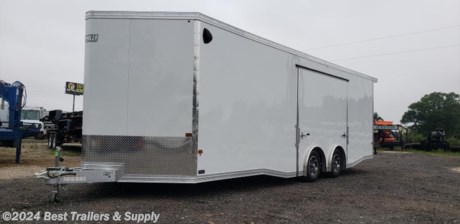 8.5X24 EZ Hauler car hauler .030 with ELITE escape door

Finished Interior

RUBBER FLOOR

white walls and ceiling

spread axles

Rear Canopy( spoiler) w/ Load Lights

**Standard Features**

All-Aluminum Construction, Integrated frame

Spread 5200# torsion axles

16&quot; O/C Wall &amp; Roof Studs

16&quot; O/C Floor Crossmembers

alum wheels

3/4&quot; Water Resistant Decking and walls

One-Piece Seamless Aluminum Roof

White Vinyl Faced Luan ceiling

premium Light pkg LED Lighting

2 Interior Dome Lights w/Wall Switch

Flat Front w/ Cast Corners

(2) 7800# Safety Chains

Deluxe Exterior Trim

Interior Cove Trim Package

78&quot; tall 4&#39; side Door

Beavertail Construction

Screwless .030&quot; Bonded Side Panels

6&#39;10&quot; Interior

Plastic Salem Vents

24&quot; Bright Stoneguard

Polished Aluminum Fenders

HD Rear Ramp Door w/ Spring Assist

2 5/16&quot; 10K Coupler

5000# Center-Mounted Jack

7-Way Round Power Connection

Limited 4-Year Warranty

(4) HD D-Rings

Heavy duty Ramp hings

Aluminum pull out step