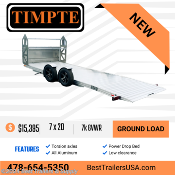 &lt;p&gt;# Best trailers and supply&lt;/p&gt;
&lt;p&gt;## 478-654-5350&lt;/p&gt;
&lt;p&gt;## 866-553-9566&lt;/p&gt;
&lt;p&gt;## EZ Load Trailers by timpte with air dam and tire rack&lt;/p&gt;
This unique suspension system enables the user to raise and lower the equipment trailer by using a remote transmitter or switch located at the toolbox storage system. The patent pending design provides a 4-degree approach angle, enabling easy loading of equipment with minimal ground clearance; such as scissor lifts, sports cars, motorcycles, and so much more.

7 x 20 drop deck carhauler for low profile cars ground loading **only 4 degree load angle** all aluminum frame and floor
air dam included

* only 1900#
* 3500# torsion axles
* deck size 82 x 18
* overall width 102
* tongue length 5 ft
* 14&quot; aluminum wheels
* 205/75R14 tires
* 2 5/16 coupler
* a frame jack w wheel
* 4 drings ( airline trac)
* stake pockets on sides
* LED lights
* wireless remote tilt

## **[Owners manual](https://timpte.com/wp-content/uploads/2022/08/Torsion-User-Manual_Final.pdf)**