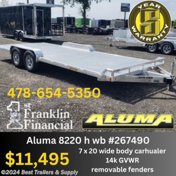 # Best tTrailers and supply

# byron GA

# 478-654-5350

8220 heavy aluma carhauler wide body with slide load and removable fenders

Standard Equipment
&#226;?&#162;

* Easy lube hubs
WB20H &amp; WB22H
*
2. 5200# Rubber torsion axles
* Easy lube hubs
&#226;?&#162; Electric brakes, breakaway kit
&#226;?&#162; ST225/75R15 LRC Radial tire
&#226;?&#162; Aluminum wheels,
&#226;?&#162; Drive-over aluminum fenders
&#226;?&#162; Extruded aluminum floor
&#226;?&#162; Front retaining rail
&#226;?&#162; A-Framed aluminum tongue, 54&quot; long with 2-5/16&quot; coupler
&#226;?&#162; 2) 7&#39; Aluminum ramps with storage underneath
&#226;?&#162; Rub rail welded to stake pockets on sides
&#226;?&#162; 4) Recessed tie rings, SS #5000

2. Fold-down rear stabilizer jacks
&#226;?&#162; Swivel tongue jack, 1500# capacity
&#226;?&#162; LED Lighting package, safety chains
&#226;?&#162; 2 Front Load Lights
&#226;?&#162; Overall width = 101.5&quot;
&#226;?&#162; Overal length = 302&quot;