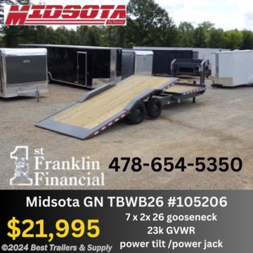 **Best Trailers &amp; Supply**

**Byron GA**

**800-453-1810**

wide body tilt bed equipment trailer

break deck

TBWB-26GN

Standard Features:

Tubular Steel Main Frame

23900 GVWR
super single 10k axles

Dual 12,000lb Drop Leg Jack&#39;shydraulic

hydro tilt

Tool Box in Gooseneck

10,000# Axle

Self-Adjusting Electric Brakes

17.5&quot; H Range 16 Ply Tires

27.5&quot; Bed Height

102&quot; Bed Width

Treated Pine Decking

Rub Rail &amp; Stake Pockets

No Exposed Wiring

Cold Weather 7 Way Plug

LED Lights

12K Bolt-On Spring Return Jack

2-5/16&quot; Adjustable Coupler

PPG Polyurethane Primer &amp; Paint

5 Year Frame Warranty

**800-453-1810**

Any questions, concerns, or Info on this trailer, please call our sales team

delv is $2 per loaded mile

Please call to check stock

**Best Trailers &amp; Supply**

**Byron GA**

**800-453-1810**