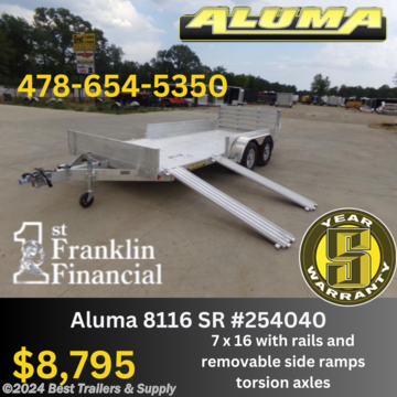 aluma 8116 bt SR side load atv utv trailer.

lightwegih aluminum consdtruction

478-654--5350

866-403--9798

* 12&quot; Solid front
*
* 69&quot;x12&quot; Front side ramps - 12&quot; solid side on balance of trailer
* Aluminum bi-fold rear tailgate - 75.5&quot; wide x 59&quot; long
* 3500# Rubber torsion axles w brakes
* ST205/75R14 LRC Aluminum wheels &amp; tires (1760# cap/tire)
* Aluminum fenders
* Extruded aluminum floor
* A-Framed aluminum tongue, 48&quot; long with 2&quot; coupler
*
8. Tie down loops on 8113-8114-8115
* Swivel tongue jack, 1200# capacity
* LED Lighting package, safety chains
* Overall width = 101 1/2&quot;
delivery for $2/ mile