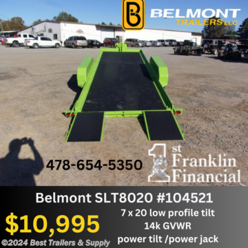 # Please call to check stock 800-453-1810

**Belmont** 80X20 hydro tilt 14k gvwr

Heavy Duty steel frame
3/16 Diamond Steel deck and Duckbill
12v Hydraulic with 2 cylinder
2-5/16 Adjustable Coupler
Removable Zinc plated safety chains
Bolt on drop leg jack
Dexter EZ lube axles with self adjustable brakes
Mod wheels and Radial tires
Urethane Paint and Top Coat
sealed Phillips Modular wiring harness
Grommet mounted LED lights
Diamond plate fenders
Lockable A-frame Toolbox
Bucher 12V Hydraulic Power unit power up gravity down
12V Deep cycle battery
Weld on D-rings

7 deg tilt load angle

80&quot;x20&quot; tilt
GVWR: 15,900 lb.

**Best Trailers &amp; Supply**

**Byron GA**

**800-453-1810**