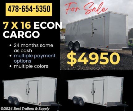 &lt;p&gt;## Best Trailers&lt;/p&gt;
&lt;p&gt;## Located in Byron, GA&lt;/p&gt;
&lt;p&gt;## Contact: 800-453-1810&lt;/p&gt;
&#160;this 7X16 Trailer in White economy series enclosed trailer

&#160;

**Please note: This trailer is designed for personal use and is not recommended for commercial purposes**

Key Features:

- V-Nose provides an additional 2 feet of interior space

- Screwed Exterior for enhanced durability

- ST205 15&quot; Steel Belted Tires

- 24&quot; O.C. Roof Members

- Galvalum Roofing for weather resistance

- Electric Brakes &amp; E-Z Lube Hubs for safety and convenience

- 16&quot; O.C Floor with plywood flooring

- 1-12 Volt LED Dome Light

- 7-Way &amp; Electric Breakaway System

- 2-5/16&quot; Coupler

- 3/8&quot; Plywood Walls

- Non-Powered Roof Ventilation

- Trimmed Ramp &amp; 16&quot; Flap

- 2-K Jack &amp; Sand Foot

- 4&quot; Tube Frame for structural integrity

- 12&quot; ATP Stone Guard &amp; J-Rail

- Aluminum Teardrop Style Fenders

- 36&quot; Side Door with RV-style locks

- LED Light Package

- 0.024 White Aluminum Metal Exterior

- White Modern Rims

- 3500# Leaf Spring Drop Axle

- Deluxe Tag Bracket

&#160;

For any inquiries or further information regarding this trailer, please reach out to our sales team at the provided number.

Delivery fee: $2 per loaded mile

Please contact us to verify stock availability.

Contact: 800-453-1810