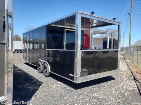 &lt;p&gt;8.5 x 24 enclosed porch trailer, BBQ concession trailer. Black
- 478-654-5350 sink pkg AC w heat full finished interior&lt;/p&gt;
7.5 interior height
3 x 6 concession window with glass and screen
door on porch
fold down ramp on porch
4 drings onn porch
insulation
gen box on porch
semi screwless .08 metal

16 on center walls floor and ceiling
2 5299# axles with brakes
10k GVWR

aluminum walls and ceiling
rubber coin floor
2 5/16 coupler
a frame jack
LED lights
triple tube tongue
stab jacks

478-654-5350