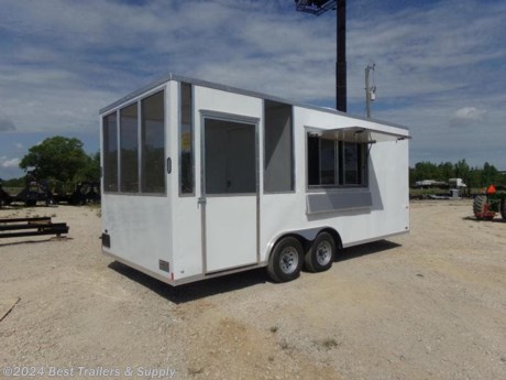 **Best Trailers &amp; Supply**

**Byron GA**

**800-453-1810**

FREE WHITE WHEEL SPARE TIRE WHEN YOU PAY CASH at pick up
Upgrades to this trailer:
SEMISCREWLESS
6&#39; BBQ PORCH W/ STEEL TREAD PLATE FLOORING
screened in porch
36&quot; DOOR INTO BOX, 36&quot; STEPWELL
6&quot; ADDITIONAL HEIGHT,
60&quot; TTT
5200LB DROP SPRING W/ ELEC BRAKE
THERMA COOL CEILING
3X6 CONCESSION DOOR W/ WINDOW &amp; SCREEN
aluminum walls and ceiling
50 amp electric pkg
AC w heat
Standard Features:
16&quot; O.C. Cross Members
Screwed Exterior
ST205 15&quot; Steel Belted Tires
Electric Brakes &amp; E-Z Lube Hubs
24&quot; O.C. Roof Members
Interior Height 78&quot;
Galvalume Roof
7-Way &amp; Electric Breakaway
16&quot; O.C. Side Walls
&quot; Plywood Floors
1-12 Volt LED Dome
H/D Ramp Door
2-5/16&quot; Coupler
3/8&quot; Plywood Walls
Non-Powered Roof Vent
16&quot; Ramp Flap
2-K Jack &amp; Sand Foot
24&quot; ATP Stone Guard &amp; J-Rail
LED Light Package
36&quot; Side Door w/FI. Mt. Locks
2&quot; V-Nose (ATP &amp; J Rail)
4, 6-K Floor Mounted D-Rings
6&quot; I Beam Frame
Deluxe Tag Bracket
Alum. Fender Flairs
Stepwell W/ ATP
2 Beaver Tail
0.024 White Alum. Metal
White Mods Rims
3500# Leaf Spring Drop Axle

**800-453-1810**

Any questions, concerns, or Info on this trailer, please call our sales team

delv is $2 per loaded mile

Please call to check stock
**800-453-1810**