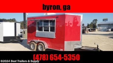 Best Trailers and Supply
Byron GA

800-453-1810

FREE WHITE WHEEL SPARE TIRE WHEN YOU PAY CASH at pick up

7 x 12 with sink pkg

Exterior Shelf
3x6 Window with Glass and Screen
7ft interior
.030
ramp door
finished interior
spare tire box
7 ft base cabinet
Stab Jacks

Electric Package

2 INTERIOR RECEPTS
1 SWITCH, 2 - 4&#39; FLUORESCENT LIGHTS
50 AMP PANEL BOX W/25&#39; LIFE LINE
Wired and Braced with A/C 13,500 BTU

Finished Interior Package

White Metal wall
White Metal ceiling
Rubber Floor

Standard Features

24&quot; O.C. Cross Members
Screwed Exterior
ST205 15&quot; Steel Belted Tires
E-Z Lube Hubs
24&quot; O.C. Roof Members
Interior Height 72&quot;
1-pc. Aluminum Roof
4-Way Plug
24&quot; O.C. Side Walls
A&quot; Plywood Floors
1-12 Volt Dome Light Ramp Door
2&quot; A-Frame Coupler
8mm Birch Luan Walls
Plastic S/W Vents
Alum. Jeep Style Fenders
2-K Jack
11ga. 3&quot; Tube Main Frame
12&quot; ATP Stone Guard Incandescent Tail Lights
36&quot; Side Door w RV style Lock
V-nose (2&#39;)
Safety Door Chain
0.024 Alum side
Metal Mods Rims
3500# Leaf Spring Drop Axle

800-453-1810

Any questions, concerns, or Info on this trailer, please call our sales team

delv is $2 per loaded mile