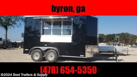 Best Trailers and Supply
Byron GA

800-453-1810

FREE WHITE WHEEL SPARE TIRE WHEN YOU PAY CASH at pick up

7 x 12 with sink pkg black

Exterior Shelf
3x6 Window with Glass and Screen
7ft interior
.030
ramp door
finished interior
spare tire box
7 ft base cabinet
Stab Jacks

Electric Package

2 INTERIOR RECEPTS
1 SWITCH, 2 - 4&#39; FLUORESCENT LIGHTS
50 AMP PANEL BOX W/25&#39; LIFE LINE
Wired and Braced with A/C 13,500 BTU

Finished Interior Package

White Metal wall
White Metal ceiling
Rubber Floor

Standard Features

24&quot; O.C. Cross Members
Screwed Exterior
ST205 15&quot; Steel Belted Tires
E-Z Lube Hubs
24&quot; O.C. Roof Members
Interior Height 72&quot;
1-pc. Aluminum Roof
4-Way Plug
24&quot; O.C. Side Walls
A&quot; Plywood Floors
1-12 Volt Dome Light Ramp Door
2&quot; A-Frame Coupler
8mm Birch Luan Walls
Plastic S/W Vents
Alum. Jeep Style Fenders
2-K Jack
11ga. 3&quot; Tube Main Frame
12&quot; ATP Stone Guard Incandescent Tail Lights
36&quot; Side Door w RV style Lock
V-nose (2&#39;)
Safety Door Chain
0.024 Alum side
Metal Mods Rims
3500# Leaf Spring Drop Axle

800-453-1810

Any questions, concerns, or Info on this trailer, please call our sales team

delv is $2 per loaded mile