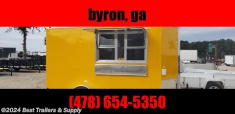 Best Trailers &amp; Supply

Byron GA

800-453-1810

FREE WHITE WHEEL SPARE TIRE WHEN YOU PAY CASH at pick up

6x12&#39; 7&#39; interior concession trailer ready for you to finish to your specs.
24 inch griddle
fryer 49 #
propane pkg
5 ft hood

We offer a full line of finished fully equipped food trailers and food trucks. We offer gas pkg propane pkg exhaust hood pkg and appliances. Available sizes 12ft 14ft 16ft 24ft and up. Any size serving window can be built 3x5 up to 4x8 with or without glass and screen. Please check out all of other trailers.

Options on this trailer

3x6 window w/ Glass &amp; Screen

50 AMP Electric PKG

7&#39; interior

Double rear door

full sink pkg.

3 compartment + handwash

Standard Features

24&quot; O.C. Cross Members

Screwed Exterior

ST205 15&quot; Steel Belted Tires

E-Z Lube Hubs

24&quot; O.C. Roof Members

Interior Height 72&quot;

1-pc. Aluminum Roof

4-Way Plug

24&quot; O.C. Side Walls

1-12 Volt Dome Light Ramp Door

2&quot; A-Frame Coupler

8mm Birch Luan Walls

Plastic S/W Vents

Alum. Jeep Style Fenders

2-K Jack

3&quot; Tube Main Frame

12&quot; ATP Stone Guard Incandescent Tail Lights

36&quot; Side Door w RV style Lock

V-nose (2&#39;)

Safety Door Chain

0.024 Alum side

Metal Mods Rims

2990# Leaf Spring Drop Axle

800-453-1810

Any questions, concerns, or Info on this trailer, please call our sales team

delv is $2 per loaded mile

Please call to check stock

800-453-1810