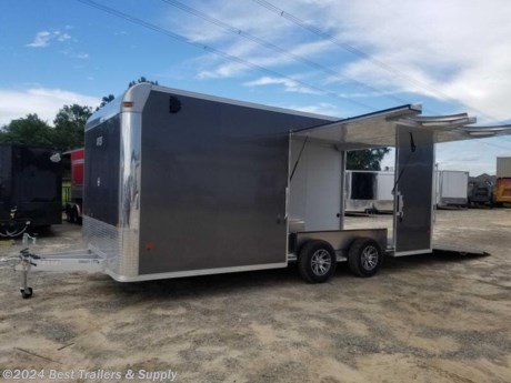 **Best Trailers &amp; Supply**

**Byron GA**

**800-453-1810**

FREE WHITE WHEEL SPARE TIRE WHEN YOU PAY CASH at pick up
8.5x20 aluminum cargo trailer Quad Ply floor
LED puck lights
Elite Escape door
extra D rings
upgraded hasp and bar lock
alum mag wheels

Integrated All-Aluminum Box W/ Tube Frame

* 16 O/C Wall &amp; Roof Studs
* 16 O/C Floor Crossmembers
* Torsion Ride Suspension
* Smooth .030 Bonded Side Panels
* One-Piece Aluminum Roof
* Rear Ramp Door w/ Spring Assist
* 3/4 Water Resistant Decking
* Polished Aluminum Fenders
* 24 Bright Stoneguard
* Flat Front w/ Cast Corners
* White Luan Interior Walls
* 32x72 Side Access Door w/Step Well
* Interior LED Dome Lights w/ Switch
* Roof Vent
* Recessed LED Lights
* Tri-Frame Tongue, Intergrated Frame
* 12500# A-Frame Coupler w/ 2 5/16 Ball
* Recessed HD D-Rings
* Side Wall plastic Vents
* HD Center Jack
* (2) 10,200# Safety Chains
* Limited Lifetime Warranty

**800-453-1810**

Any questions, concerns, or Info on this trailer, please call our sales team

delv is $2 per loaded mile

**Best Trailers &amp; Supply**

**Byron GA**

**800-453-1810**