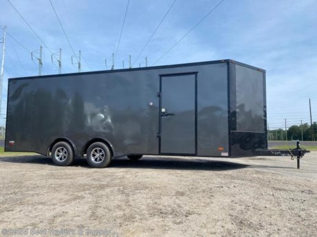 **Best Trailers &amp; Supply**

**Byron GA**

**800-453-1810**

FREE WHITE WHEEL SPARE TIRE WHEN YOU PAY CASH at pick up

22&#39; enclosed charcoal blackout 10k car hauler

Black out package on enclosed cargo trailer is one of the most popular trailer options. Some come with Black in-lay aluminum mags. We can build this option on any car hauler, motor cycle trailers, and concession trailers. We have in stock 7k 10k and 14 k car haulers. Please make sure to check out all of the other trailer.

Up grades to this trailer

Blackout Package
Blackout Trim
Mag Wheels
Semi screwless
Tube walls
Radial tires

Electric PKG
50 AMP Electric PKG
Motorbase Plug &amp; Lifeline
12v Battery &amp; Box

wired and braced for A/C

E-Trac On Walls

Spread Axle PKG
5200# Torsion Axles

Drivers Side Escape Door

Standard Features

V nose adds 2&#39; to Interior
16&quot; O.C. Cross Members
Screwed Exterior
ST205 15&quot; Steel Belted Tires
Electric Brakes &amp; E-Z Lube Hubs
24&quot; O.C. Roof Members
Interior Height 78&quot;
1-pc. Aluminum Roof
7-Way &amp; Electric Breakaway
16&quot; O.C. Side Walls
&quot; Plywood Floors
1-12 Volt LED Dome
Trimmed Ramp &amp; 16&quot; Flap
2-5/16&quot; Coupler
3/8&quot; Plywood Walls
Non-Powered Roof Vent
Alum. Teardrop Flairs
2-K Jack &amp; Sand Foot
6&quot; Steel I-Beam Main
24&quot; ATP Stone Guard &amp; J-Rail
LED Light Package
36&quot; Side Door w/ Safety Chains
2&quot; V-Nose (ATP &amp; J Rail) Stepwell W/ ATP
Deluxe Tag Bracket
0.024 White Alum.
White Mods Rims
3500# Leaf Spring Drop Axle

**800-453-1810**

Any questions, concerns, or Info on this trailer, please call our sales team

delv is $2 per loaded mile

Please call to check stock

**800-453-1810**