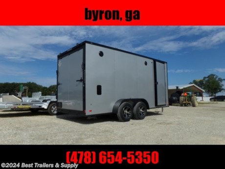 Best Trailers &amp; Supply

Byron GA

800-453-1810

7 x 16 handman special deluxe cargo trailer

upgrades
radio and speakers
blackout trim pkg
bedliner floor and kickplate on walls
tool boc and work counter
overhead cabinets
aluminum mage wheels
extra tall 7 ft inside
loading lights outside

3500# axles
brakes on both axles
7k GVWR
semi screwless exterior
LED lights
1 piece alumium roof
2 5/16 coupler

Best Trailers &amp; Supply

Byron GA

800-453-1810