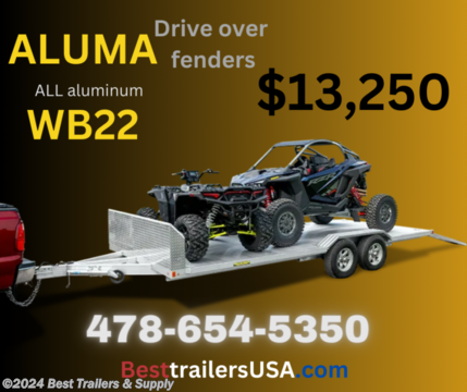 &lt;h2&gt;aluma WB22 wide body carhauler or atv SxS trailer&lt;/h2&gt;
&lt;h2&gt;drive over fenders&lt;/h2&gt;
&lt;h2&gt;byron GA 478--654--5350&lt;/h2&gt;

 



&lt;p&gt;2) 3500# Rubber torsion axles - Easy lube hubs&lt;/p&gt;




&lt;p&gt;WB20H, WB22H and WB24H - 2) 5200# Rubber torsion axles - Easy lube hubs&lt;/p&gt;




&lt;p&gt;Electric brakes, breakaway kit&lt;/p&gt;




&lt;p&gt;ST205/75R14 or 75R15 LRC Radial tires (1760# cap/tire)&lt;/p&gt;




&lt;p&gt;Aluminum wheels, 5-4.5 BHP&lt;/p&gt;




&lt;p&gt;Removable aluminum fenders&lt;/p&gt;




&lt;p&gt;Extruded aluminum floor&lt;/p&gt;




&lt;p&gt;Front retaining rail&lt;/p&gt;




&lt;p&gt;A-Framed aluminum tongue, 54? long with 2-5/16? coupler&lt;/p&gt;




&lt;p&gt;2) 7&#39; Aluminum ramps with storage underneath&lt;/p&gt;




&lt;p&gt;Rub rail welded to stake pockets on sides&lt;/p&gt;




&lt;p&gt;4) Recessed tie rings, SS #5000&lt;/p&gt;




&lt;p&gt;2) Fold-down rear stabilizer jacks&lt;/p&gt;




&lt;p&gt;Swivel tongue jack, 1500# capacity&lt;/p&gt;




&lt;p&gt;LED Lighting package, safety chains&lt;/p&gt;




&lt;p&gt;2 Front Load Lights&lt;/p&gt;




