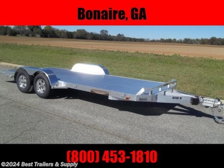 only 1400# curb weight on this aluminum 82 x 18 carhauler trailer

*dove tail on rear

* 6 ft pull out ramps
*

2. 3500# Rubber torsion axles - Easy lube hubs

* Electric brakes, breakaway kit
* ST205/75R14 LRC Carlisle radial tires (1760# cap/tire)
* Phantom aluminum wheels, 5-4.5 BHP
* Removable aluminum fenders
* Extruded aluminum floor
* Front retaining rail headache bar
* A-Framed aluminum tongue, 48&quot; long with 2-5/16&quot; coupler
*

8. stake pockets on sides

*

4. swivel tie downs

*

2. Fold-down rear stabilizer jacks

* swivel tongue jack, 1200# capacity
* DOT Lighting package, safety chains
* Overall width = 101-1/2&quot;
* Distance between fenders = 82&quot;