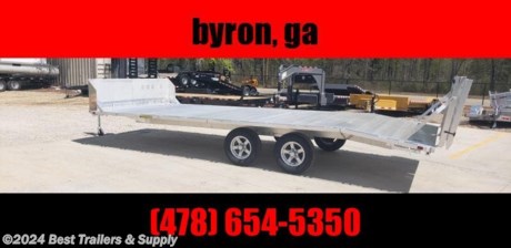 Aluma 1024 H bt deckover aluminum flatbed trailer ( 16+4 ) 866--553-9566

air dam included

1020 deckover aluminum trailer

1. 3500# Rubber torsion axles - Easy lube hubs

Electric brakes &amp; breakaway kit

ST205/75R15 LRC radial tires (1760# cap/tire)

Aluminum wheels, 5-4.5 BHP

Extruded aluminum floor

A-framed aluminum tongue with 2-5/16&quot; coupler

Bi-fold tailgate (2 individual gates)

Trailers can be ordered with side rubrail - 96&quot; bed width

LED Lighting package, safety chains1. Fold-down rear stabilizer jacks
2. Recessed tie rings, SS #5000

Dove tail, 48&quot; long with 8&quot; drop

Swivel tongue jack, 1500# capacity

Overall width = 101.5&quot;

Overall length = 370&quot;