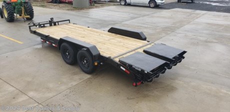 # best trailers and suppply

# 478-654-5350

# 866-553-9566

# 20 ft equipment carhauler trailer 14k w monster ramps

STANDARD FEATURES

* denotes a standard feature
&#226;?&#162; 14,000 lb. G.V.W.R.
&#226;?&#162; 7,000 lb. x 2 G.A.W.R.
&#226;?&#162; Adjustable 2 5/16&quot; Ball Bulldog Coupler
&#226;?&#162; Safety Chains
&#226;?&#162; 1 - Drop Leg Jack (10,000 lb.)
&#226;?&#162; 2 - Dexter E- Z lube Brake Axles (7,000 lb.)
&#226;?&#162; 6 Leaf Slipper Spring Suspension
&#226;?&#162; 4 - 16&quot; White Spoke Wheels
&#226;?&#162; 4 - 235/80R16 Radial Tires (3,520 lb)
&#226;?&#162; Stake Pockets
&#226;?&#162; Electric Breakaway Kit w/ Charger
&#226;?&#162; 9&quot; x 72&quot; Treadplate Removable Steel Fenders
&#226;?&#162; 5&#39; Channel Ramps w/ Holder
&#226;?&#162; Dual Bulldog Rear Support Jacks
&#226;?&#162; 6&quot; Channel Frame &amp; Tongue
&#226;?&#162; 3&quot; Channel Crossmembers 16&quot; on Center
&#226;?&#162; 2&quot; Treated Pine Lumber Deck
&#226;?&#162; 83&quot; Wide Deck
&#226;?&#162; DOT Approved Flushmount Lifetime LED Lights
&#226;?&#162; All-Weather Wiring Harness (7-way RV)
&#226;?&#162; Sand Blasted, Acid Washed, Powder Coated
&#226;?&#162; Tool Tray In Tongue
&#226;?&#162; GN Option Equipped with 2 Jacks
&#226;?&#162; GN Equipped w/Lockable Front Toolbox
&#226;?&#162; 5 year Dexter Axle Warranty