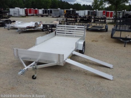 aluma 8114 bt SR side load atv utv trailer.
lightwegih only 920#
478-654--5350
866-403--9798

* 12&quot; Solid front
*
* 69&quot;x12&quot; Front side ramps - 12&quot; solid side on balance of trailer
* Aluminum bi-fold rear tailgate - 75.5&quot; wide x 59&quot; long
* 3500# Rubber torsion axle - No brakes - Easy lube hubs (2990 GVWR)
* ST205/75R14 LRC Aluminum wheels &amp; tires (1760# cap/tire)
* Aluminum fenders
* Extruded aluminum floor
* A-Framed aluminum tongue, 48&quot; long with 2&quot; couple
*

8. Tie down loops on 8113-8114-8115

* Swivel tongue jack, 1200# capacity
* LED Lighting package, safety chains
* Overall width = 101 1/2&quot;
* Overall length = 219&quot;
