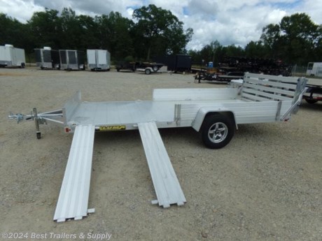 aluma 8114 bt SR side load atv utv trailer.
lightwegih only 920#
478-654--5350
866-403--9798

* 12&quot; Solid front
*
* 69&quot;x12&quot; Front side ramps - 12&quot; solid side on balance of trailer
* Aluminum bi-fold rear tailgate - 75.5&quot; wide x 59&quot; long
* 3500# Rubber torsion axle - No brakes - Easy lube hubs (2990 GVWR)
* ST205/75R14 LRC Aluminum wheels &amp; tires (1760# cap/tire)
* Aluminum fenders
* Extruded aluminum floor
* A-Framed aluminum tongue, 48&quot; long with 2&quot; couple
*

8. Tie down loops on 8113-8114-8115

* Swivel tongue jack, 1200# capacity
* LED Lighting package, safety chains
* Overall width = 101 1/2&quot;
* Overall length = 219&quot;
