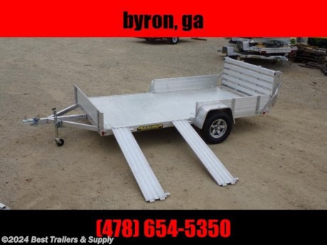 aluma 8112 bt SR side load atv utv trailer.

lightwegih only 920#

478-654--5350

866-403--9798

* 12&quot; Solid front
*
* 69&quot;x12&quot; Front side ramps - 12&quot; solid side on balance of trailer
* Aluminum bi-fold rear tailgate - 75.5&quot; wide x 59&quot; long
* 3500# Rubber torsion axle - No brakes - Easy lube hubs (2990 GVWR)
* ST205/75R14 LRC Aluminum wheels &amp; tires (1760# cap/tire)
* Aluminum fenders
* Extruded aluminum floor
* A-Framed aluminum tongue, 48&quot; long with 2&quot; coupler
*
* Tie down loops on 8112 / 8) Tie down loops on 8113-8114-8115
* Swivel tongue jack, 1200# capacity
* LED Lighting package, safety chains
* Overall width = 101 1/2&quot;
* Overall length = 219&quot;