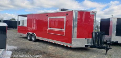 8.5 X 28 ENCLOSED bbq porch trailer in byron GA turn key ready to go.

.

866-403-9798

.

8.5 x 28 (20 ft inside and 8 ft porch).

sink pkg.

50 amp electri pkg.

propane pkg.

.

2 100# tanks, 3 stub outs.

6 burner range with oven.

double door fridge.

aluminum wallsand ceiling.

rubber tread plate on floors.

red semi screwless exterior.

7000# axles ( 14,k GVWR).

brake son both axles.

235/80R16 14 ply radial tires.

.

7.5 ft tall inside.

extended tongue.

propane cages on tongue.

13500 AC w heat.

RV door on side and on porch.

walk through door on porch.

boogie wheels.

LED lights.

delivery vailable for $2/mile