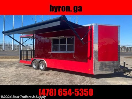 This is a new enclosed food trailer with a 8&#39; porch in the rear ready for any exterior cooking needs. This food trailer is ready to be customized just for you! This 8.5x20 1st Place Cargo Trailer is a great start for a restaurant on wheels. All appliances that we use are commercial kitchen rated. The specs of this trailer are as follows:

8.5x24 (16&#39; Box + 2&#39; V-nose w/ 8&#39; Porch)

3x6 Concession window with glass and screen.

Electric pkg

*4ft lights (3)
-2 Inside Box
-1 On Porch
*50 amp panel box
*25&#39; life line
*motor base plug
*2 interior receptacles and 1 exterior GFI

Finished interior
*White metal walls
*White vinyl ceiling
*Black Rubber Coin flooring

Base Cabinet to Right of serving window

13,500 BTU A/C with Heat strip

Railing on Porch with inset step

6&#39; Exterior Serving Shelf @ Window

Features:
15&quot; wheels
Red color
36&quot; RV style door on rear with lockable handle (smooth finish)
2 foot v nose front design
All steel frame design
7&#39; foot interior height
Rear fold-down stabilzer jacks
5200lb. Alko dropped axles
Brakes on BOTH axles
Breakaway kit with battery backup
7 way round electrical plug for lights &amp; brakes
Requires 2 5/16th&quot; ball for hookup
L.E.D. tail lights