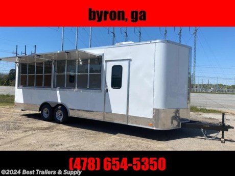 **Best Trailers &amp; Supply**

**Byron GA**

**800-453-1810**

FREE WHITE WHEEL SPARE TIRE WHEN YOU PAY CASH at pick up

This food trailer is ready to be customized just for you! This 8.5x24 1st Place Cargo Trailer is a great start for a restaurant on wheels. All appliances that we use are commercial kitchen rated. The specs of this trailer are as follows:

8.5x24

5200# Torsion Axles

8&#39; Interior

Rounded V-Nose

72&quot; TTT

(2) 3x6 Concession window with glass and screen.

Electric pkg

*4ft lights (3)
*50 amp panel box
*25&#39; life line
*12V Battery &amp; Box
*6 interior receptacles

Finished interior
*White metal walls
*White vinyl ceiling

13,500 BTU A/C with Heat strip

Bogey Wheels

(4) 30x15 Slider Windoow

40&quot;x32&quot; Vented Generator Door

Features:
15&quot; wheels
White color
36&quot; RV style door with lockable handle (smooth finish)
2 foot v nose front design
All steel frame design
8&#39; foot interior height
5200lb. axles
Brakes on BOTH axles
Breakaway kit with battery backup
7 way round electrical plug for lights &amp; brakes
Requires 2 5/16th&quot; ball for hookup
L.E.D. tail lights
Ramp Door in Rear

**800-453-1810**

Any questions, concerns, or Info on this trailer, please call our sales team

delv is $2 per loaded mile

Please call to check stock

**800-453-1810**