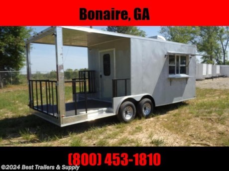 **Best Trailers &amp; Supply**

**Byron GA**

**800-453-1810**

FREE WHITE WHEEL SPARE TIRE WHEN YOU PAY CASH at pick up

8.5x22 1st Places Cargo Trailer Axle
2ft V Nose 3x5 concession window

CONCESSION TRAILER
8FT PORCH
WATER PKG (50 GAL WASTE, 30 GAL FRESH, 2.5 WATER HEATER, WATER PUMP), 3 SINK PKG W/ HANDWASH
100 ELEC PKG, 7 OUTLETS
2 GFI, 4 LED OUTSIDE LIGHTS
3-4FT LED CEILING LIGHT
13500BTU AC UNIT
5X3 CONCESSION DOOR W/ GLASS, 5FT DROP DOWN LEAF SHELF
37X37 ACCESS DOOR
EXTENDED TONGUE W/ GENERATOR PLATFORM
1 PROPANE CAGE
MILL FINISH INT WALL/CEILING, RUBBER COIN FLOOR, BUBBLE WRAP INSULATION WALL/CEILING, 7&#39;6 INT HEIGHT
5200LB AXLES
CITY WATER FILL BOX

**Best Trailers &amp; Supply**

**Byron GA**

**800-453-1810**